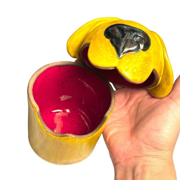 Ceramic Yellow Dog Art Nancy Hopkins Designs Jar Vessel Trinket Memory Box USA - Picture 9 of 14